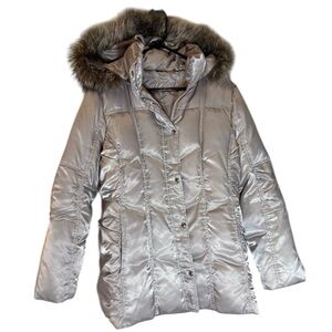 GUESS Y2K Champagne Satin Pearl Down Puffer Jacket Faux Fur Removable Hood XL